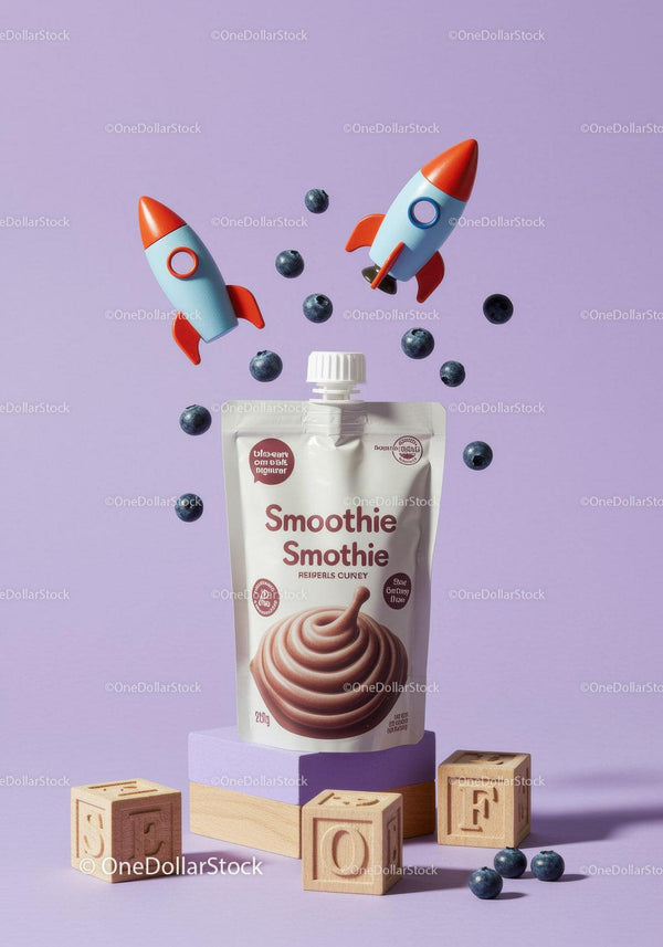 Healthy Smoothie Pouch with Blueberries and Toy Rockets