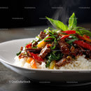 Colorful Beef and Vegetable Stir-Fry Over Steaming Rice