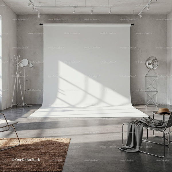 Minimalist photo studio with natural light and modern decor JPG Mockup Image
