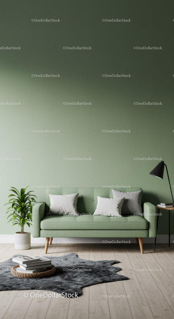Modern Green Sofa in Cozy Living Room with House Plant and Floor Lamp