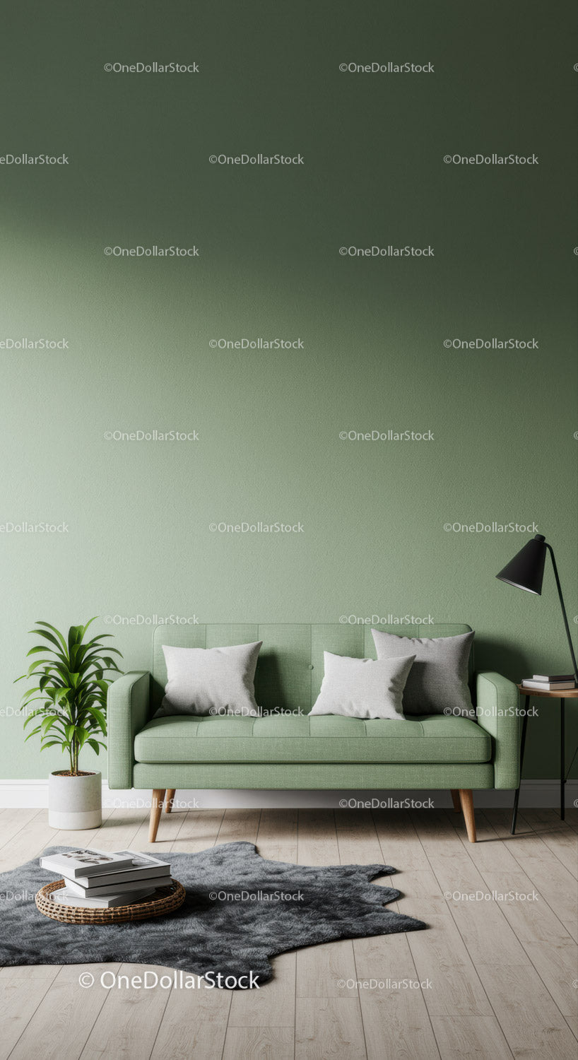 Nowoczesna zielona sofa w przytulnym salonie z rośliną doniczkową i lampą podłogową