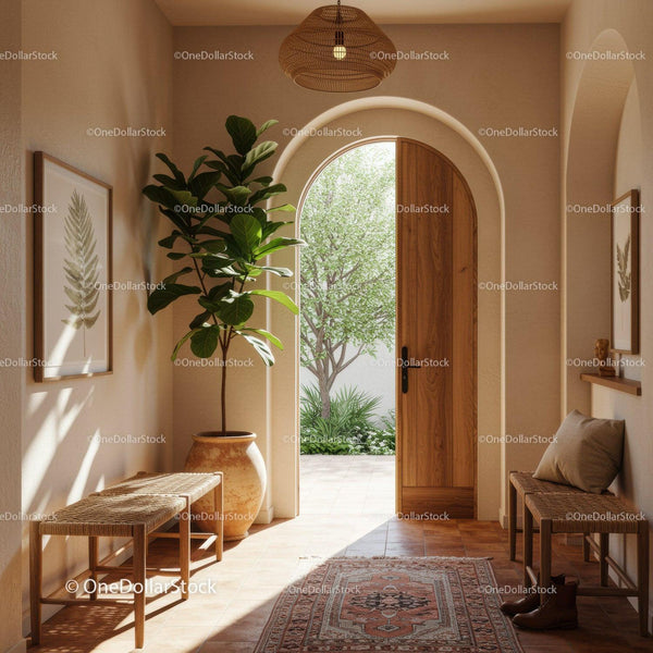 Cozy entryway with natural light and wooden door