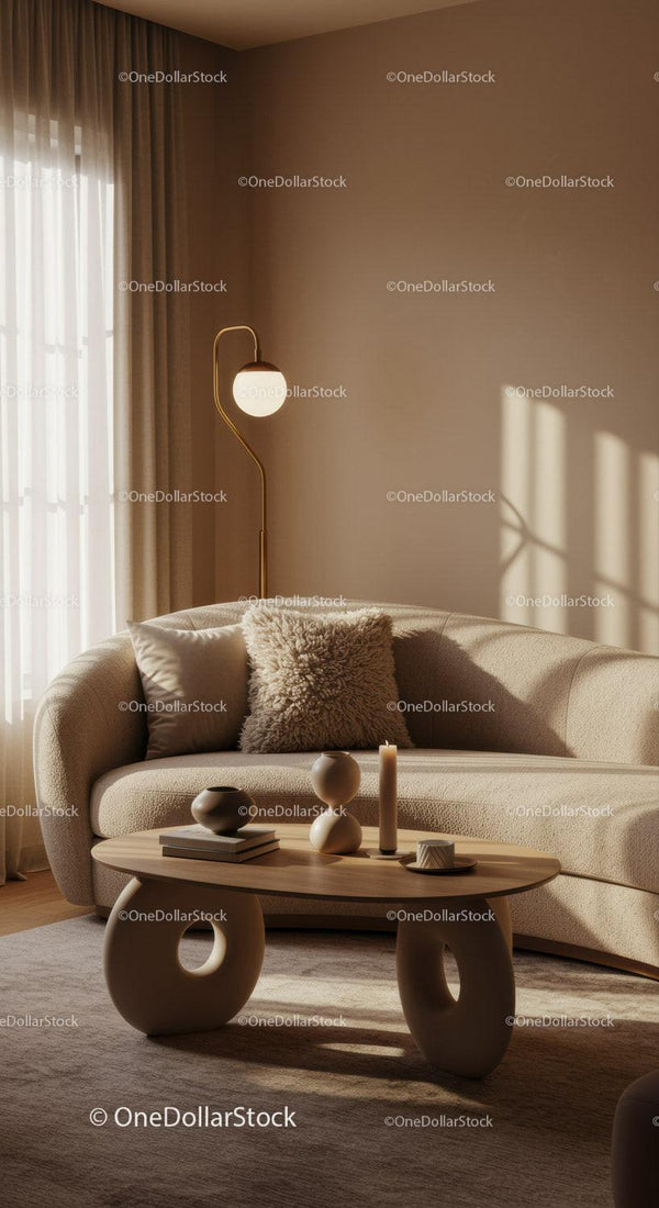 Cozy Neutral Living Room with Curved Sofa and Decor