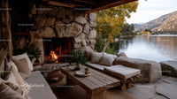 Cozy Lakeside Outdoor Lounge with Fireplace and Scenic Mountain View