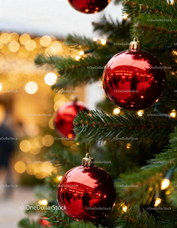 Christmas tree with shiny red baubles and warm lights