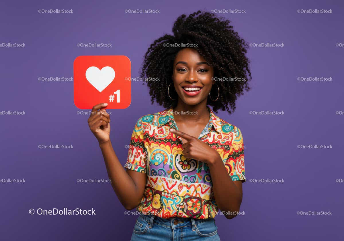 Happy Woman Holding Social Media Like Icon in Vibrant Clothing