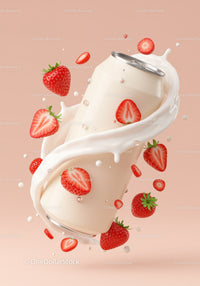 Creamy drink can with fresh strawberries splash