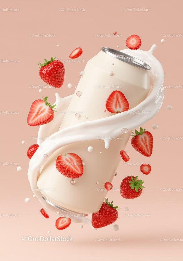 Creamy drink can with fresh strawberries splash JPG Mockup Image