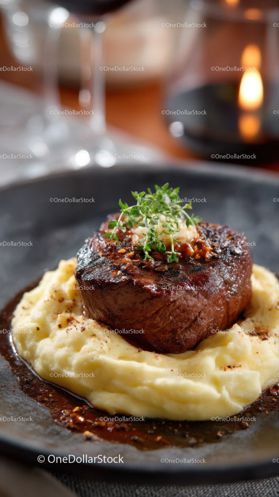 Gourmet Beef Steak with Mashed Potatoes and Rosemary Garnish