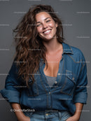 Smiling Woman in Denim Jacket Portrait with Grey Background