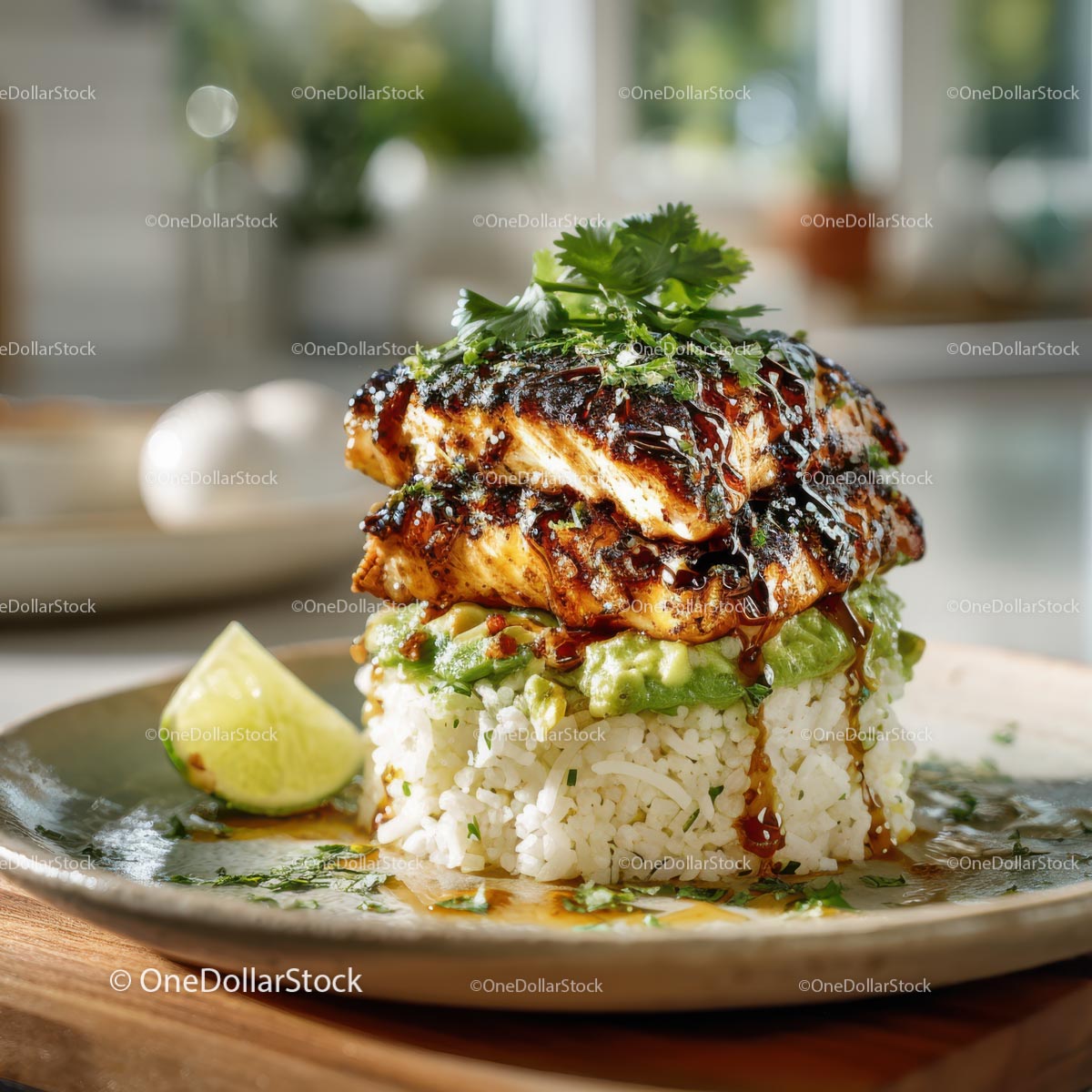 Grilled Chicken with Rice and Avocado Salsa Served with Lime