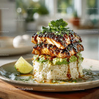 Grilled Chicken with Rice and Avocado Salsa Served with Lime