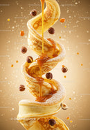 Golden crepe spiral with caramel sauce and hazelnuts