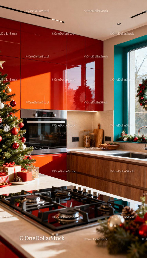 Modern kitchen decorated for festive holiday season