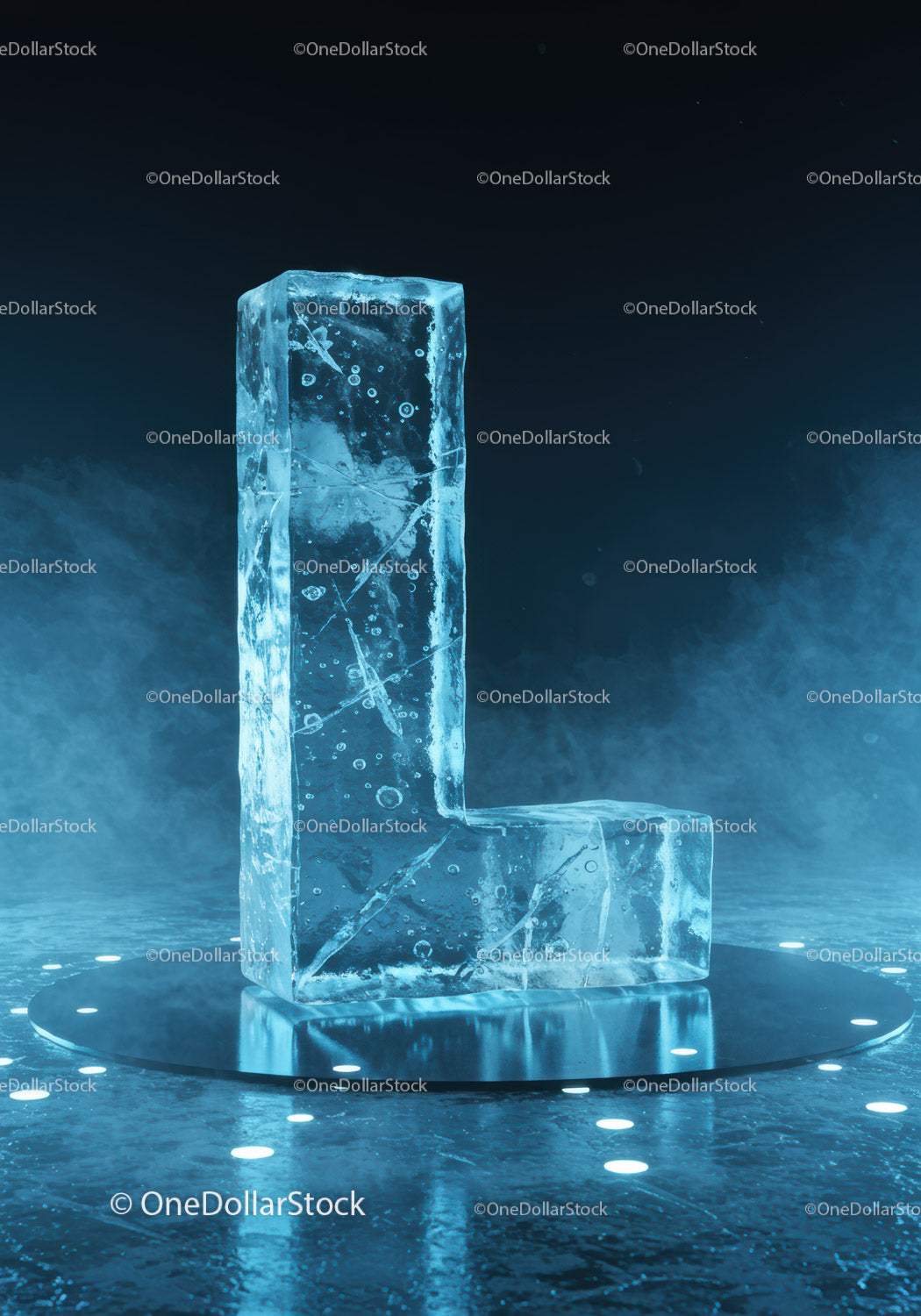 Frozen ice sculpture shaped like letter L on platform