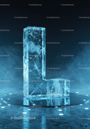 Frozen ice sculpture shaped like letter L on platform