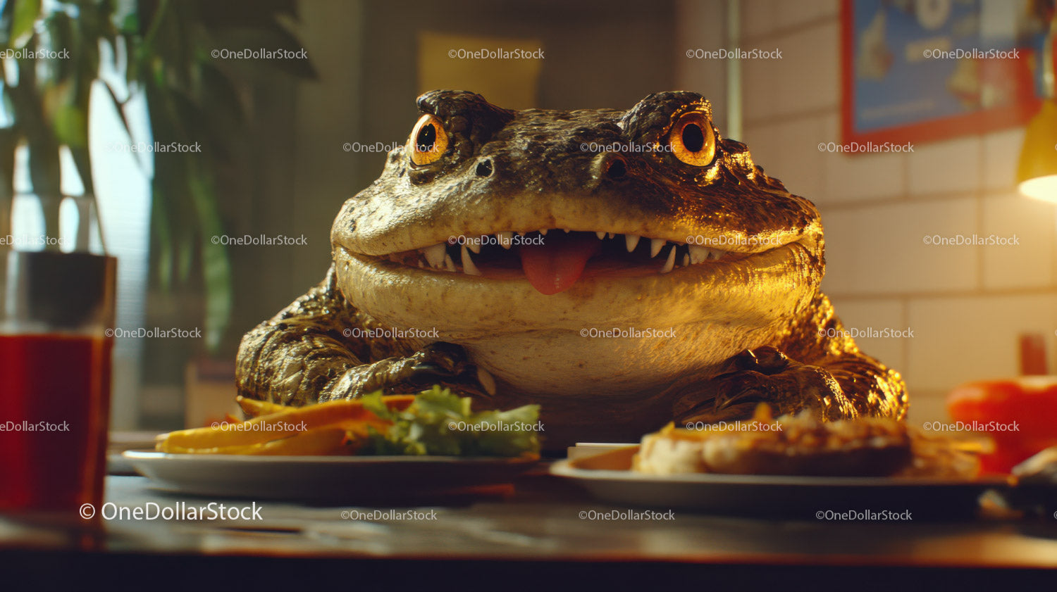 Crocodile Head on Plate in Eclectic Restaurant Scene