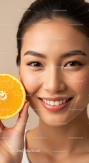 Happy Woman with Bright Smile Holding Orange Slice for Skincare and Wellness