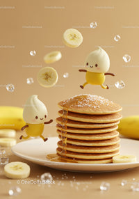 Playful Pancake Stack with Animated Characters and Bananas
