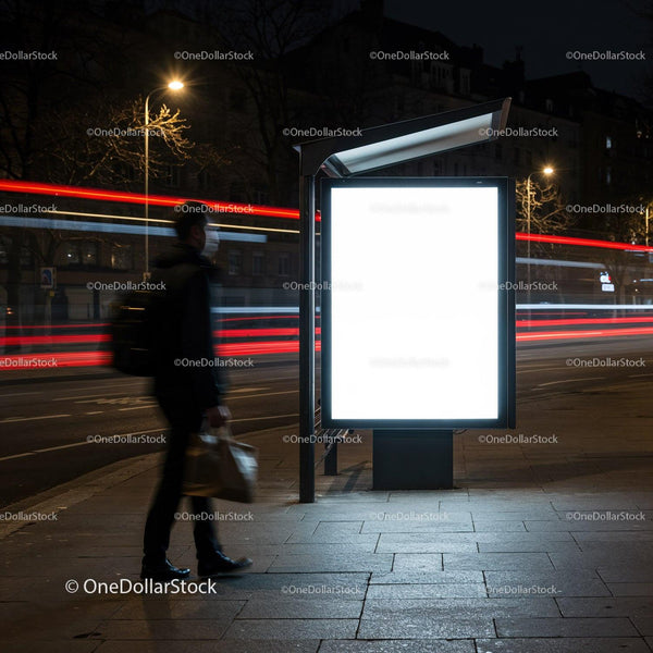 Man walking past illuminated blank billboard at night JPG Mockup Image