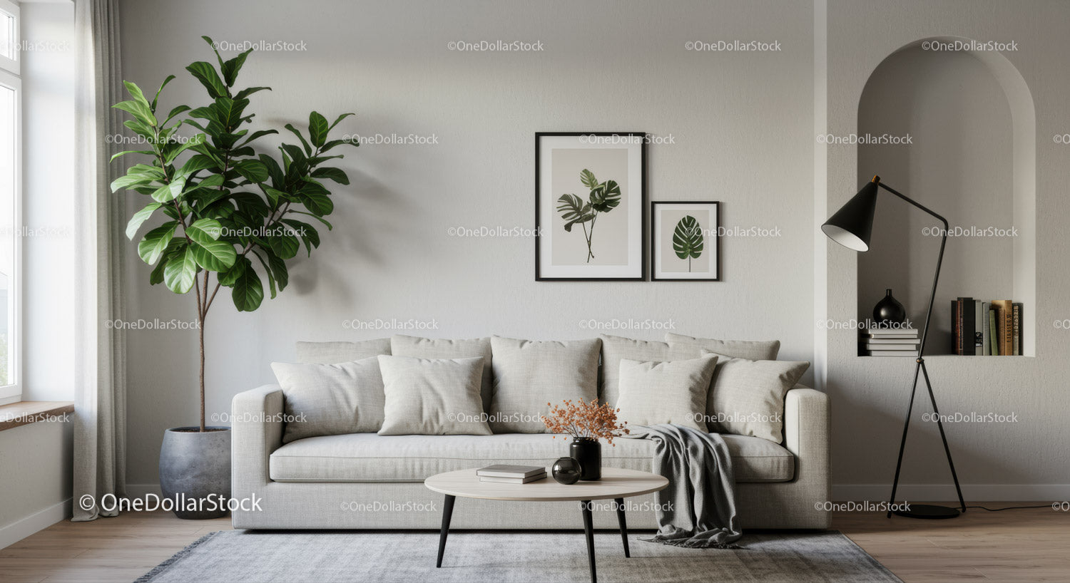 Cozy living room with modern sofa and green plant