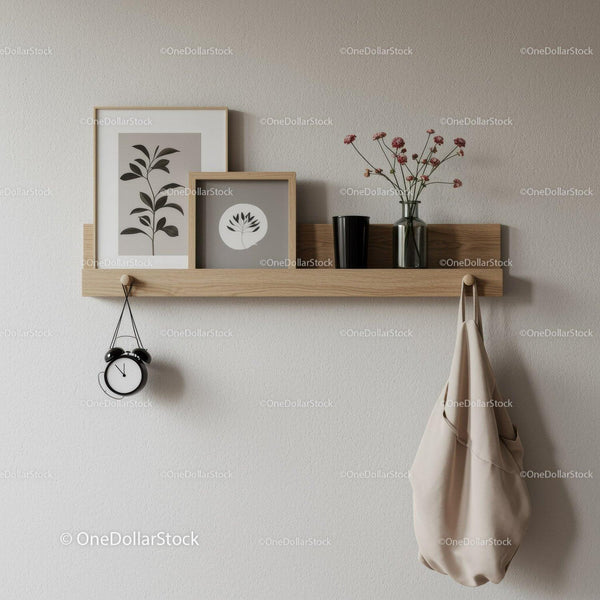 Decorative Wooden Shelf with Vases and Art Prints in Modern Interior
