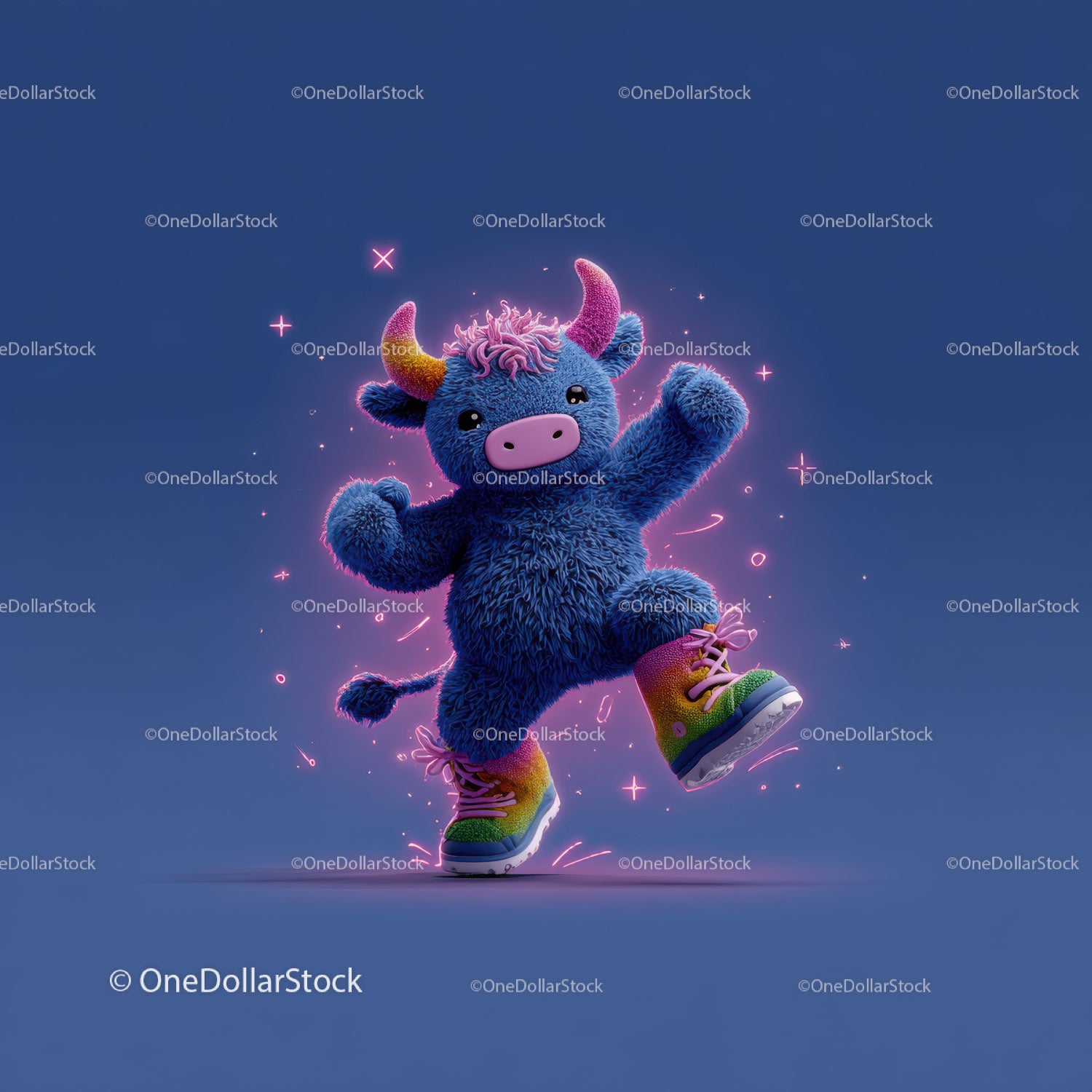 Colorful Furry Mascot with Rainbow Horns Wearing Boots and Smiling