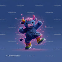 Colorful Furry Mascot with Rainbow Horns Wearing Boots and Smiling
