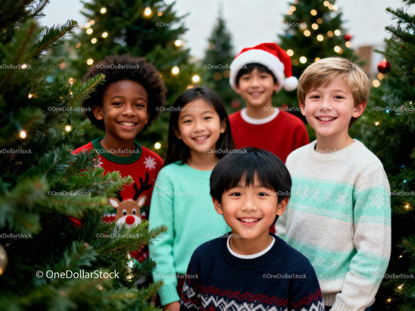 Smiling multicultural kids celebrating Christmas together