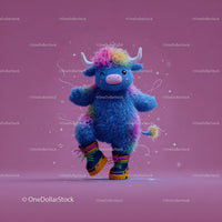 Colorful Furry Mascot with Rainbow Horns Wearing Boots and Smiling