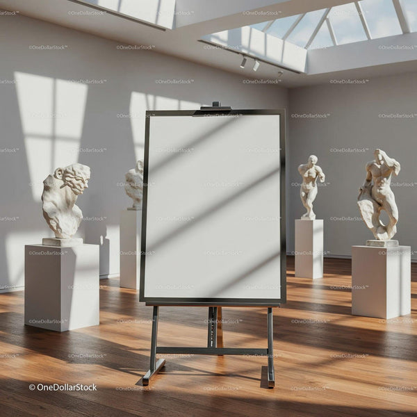 Blank easel with classical sculptures in bright gallery JPG Mockup Image