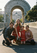 Joyful Young People Group Traveling in Front of City Landmark