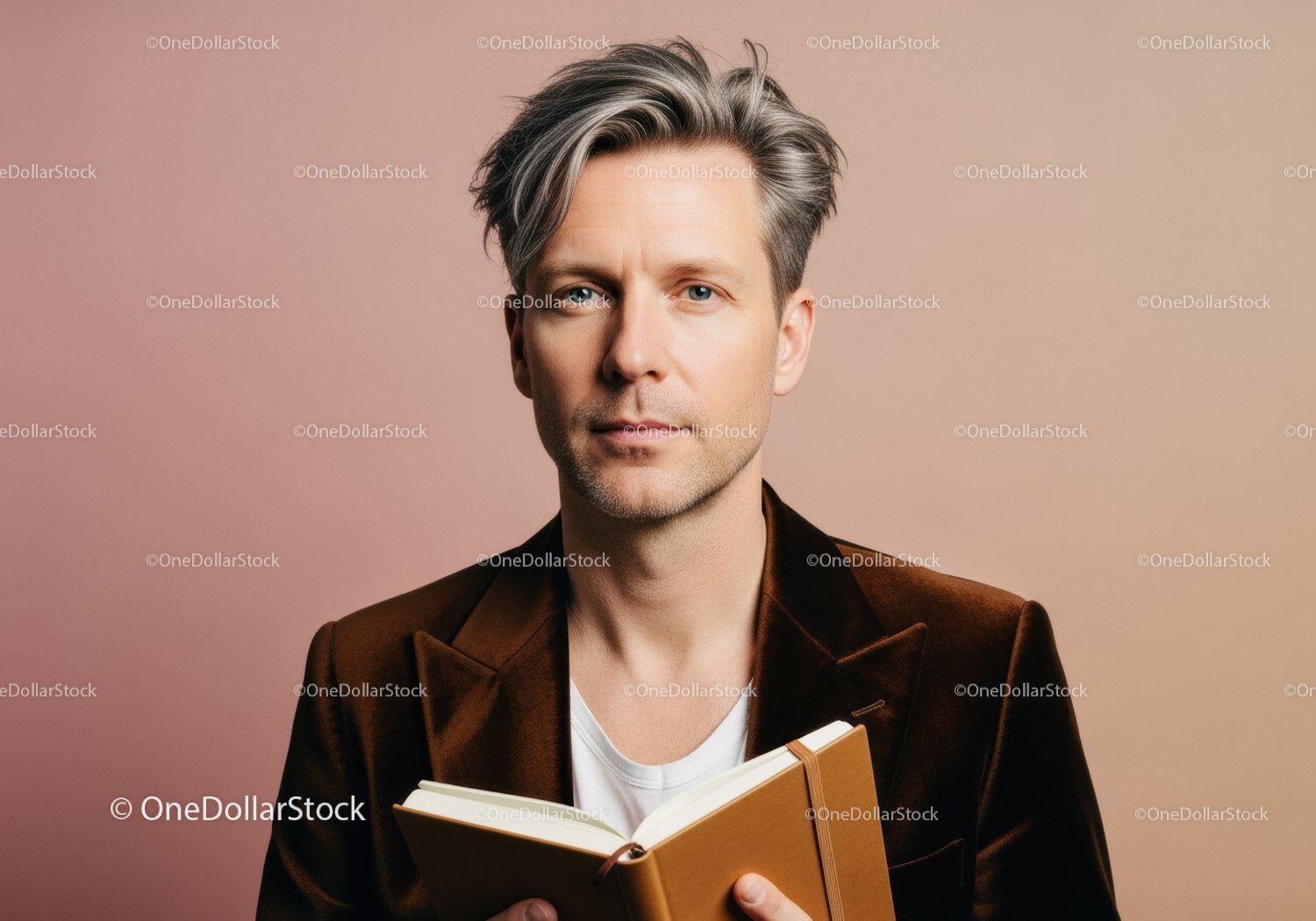 Stylish Man with Silver Hair Wearing Brown Velvet Blazer Holding Notebook