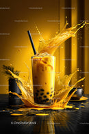 Refreshing Bubble Tea with Splash Effect in Vibrant Yellow