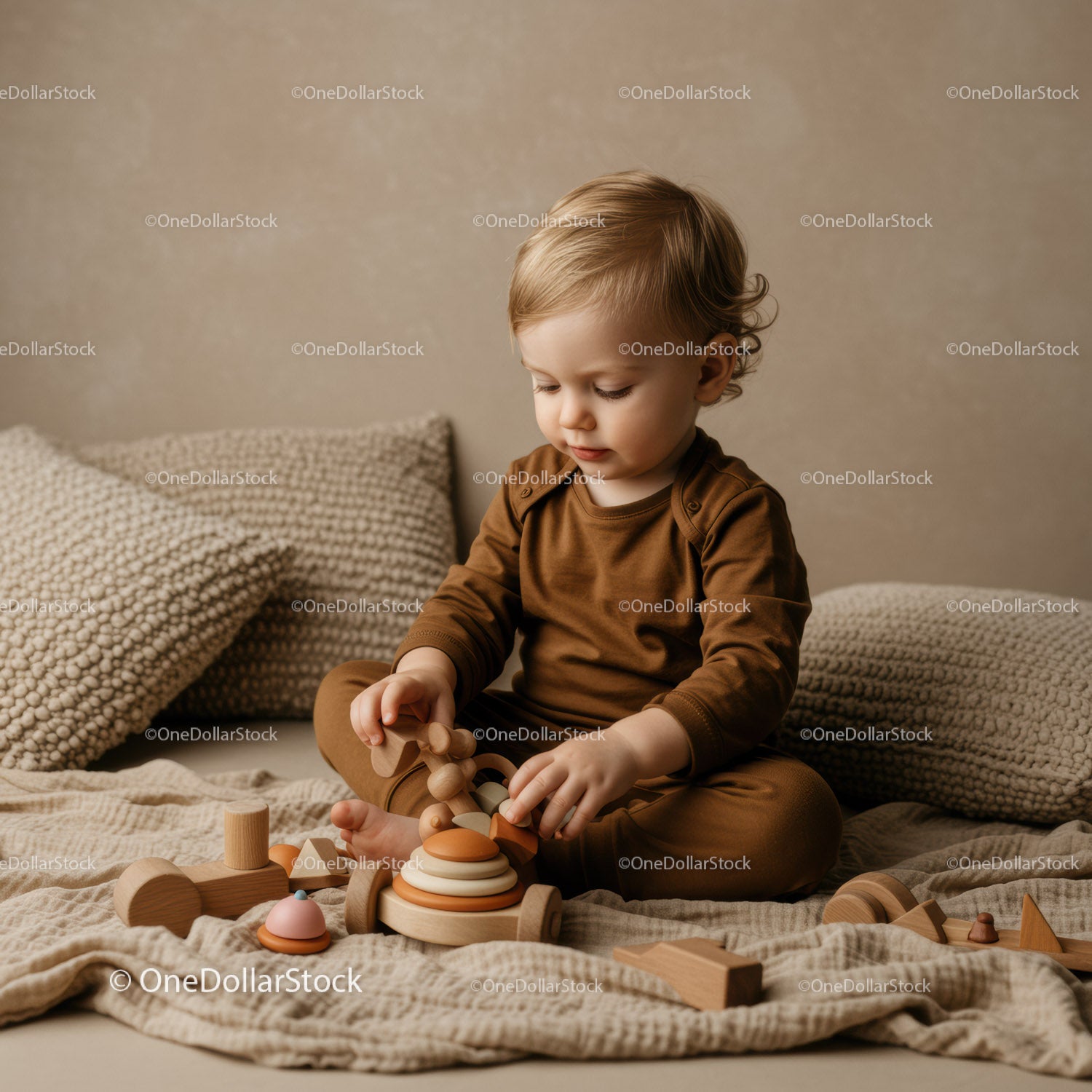 Toddler Playing with Wooden Toys in Cozy Neutral Room