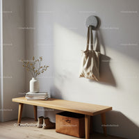Minimalist Entryway with Wooden Bench and Beige Tote Bag