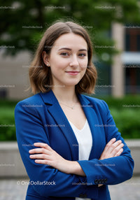 Confident Young Woman in Blue Blazer Outdoors Urban Scene