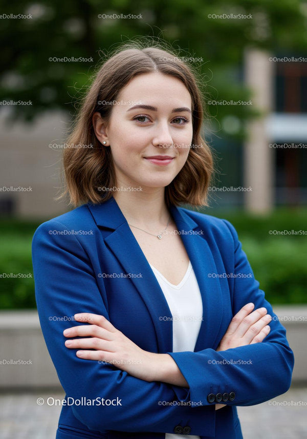Confident Young Woman in Blue Blazer Outdoors Urban Scene