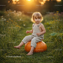 Toddler Sitting on Large Pumpkin in Sunset Field