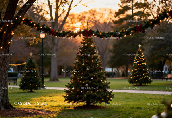 Decorated Christmas Trees in a Park During Sunset