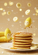 Stack of pancakes with syrup and playful banana characters
