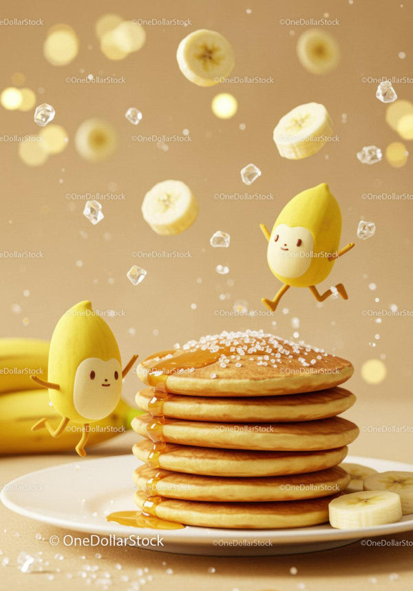 Stack of pancakes with syrup and playful banana characters