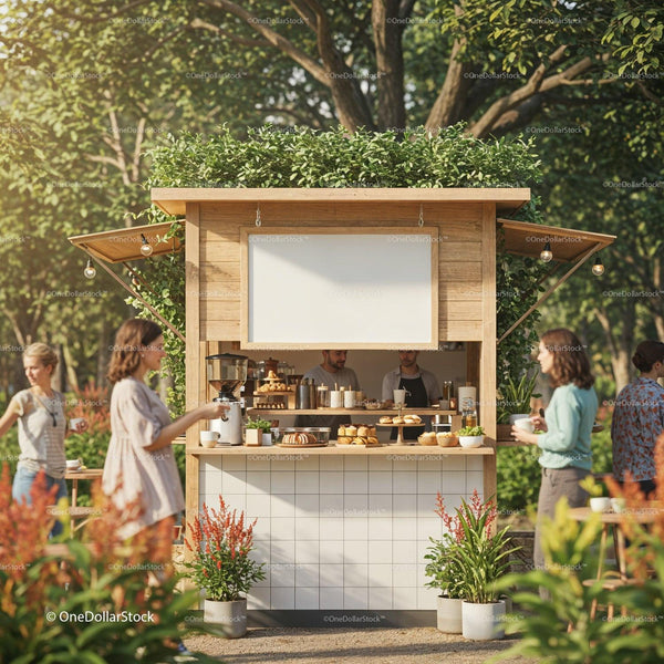 Outdoor Coffee Stand with Fresh Pastries and Greenery JPG Mockup Image