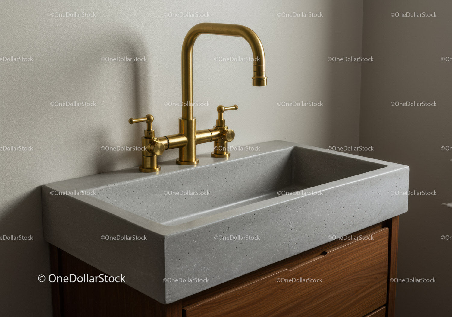 Modern Grey Concrete Kitchen Sink with Gold Faucet and Minimalist Design