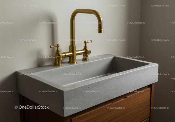 Nowoczesny Szary Betonowy Zlew Kuchenny z Złotym Baterią i Minimalistycznym Designem