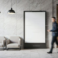 Modern lobby with blank vertical advertising board and seating