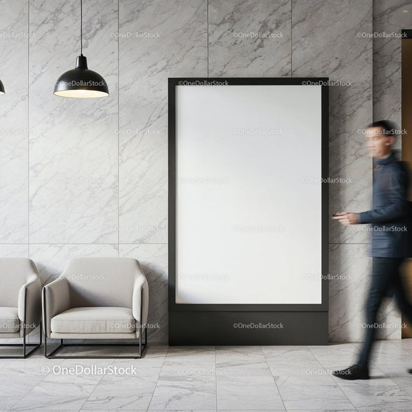 Modern lobby with blank vertical advertising board and seating JPG Mockup Image