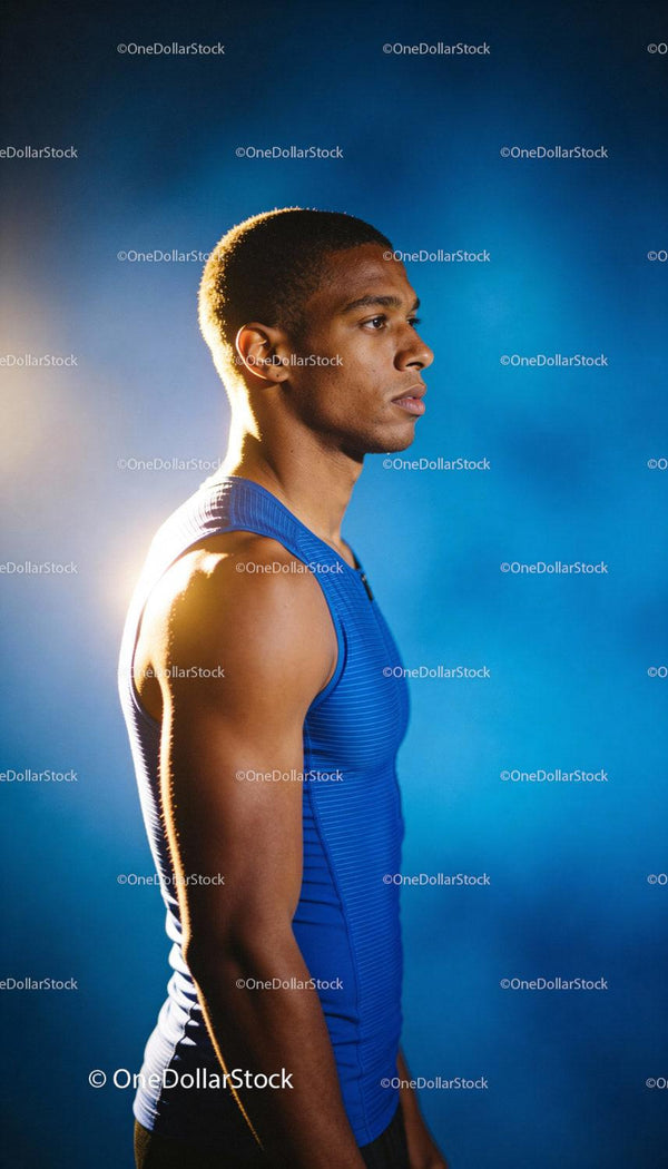 Focused young male athlete in blue sportswear profile