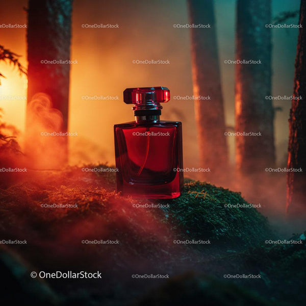 Red Perfume Bottle in Enchanting Forest Scene for Luxury Branding JPG Mockup Image