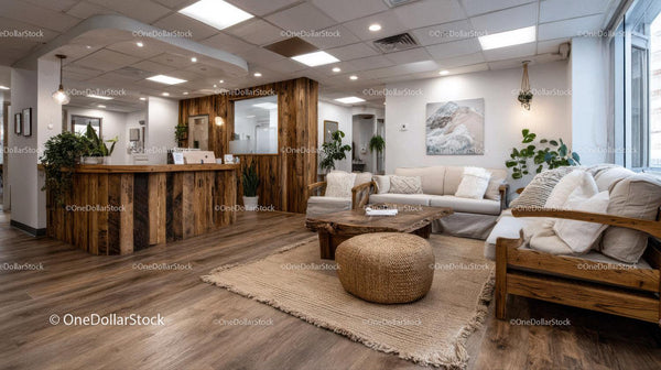 Nowoczesny przytulny salon z drewnianymi meblami i roślinami doniczkowymi
